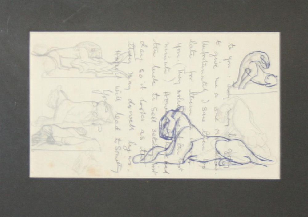 Orovida Pissaro (1893-1968), two sketches, Study of a seated man and Tigers, signed, 10 x 17cm and 11 x 18.5cm